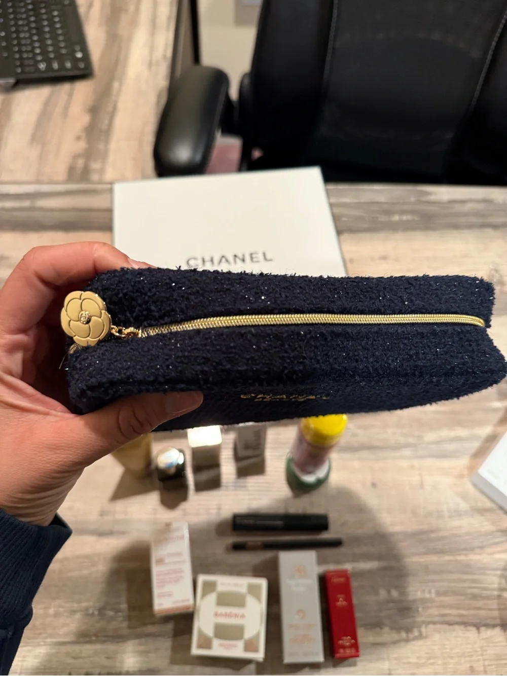 CHANEL Navy Tweed Zip Phone Case with Gold Logo